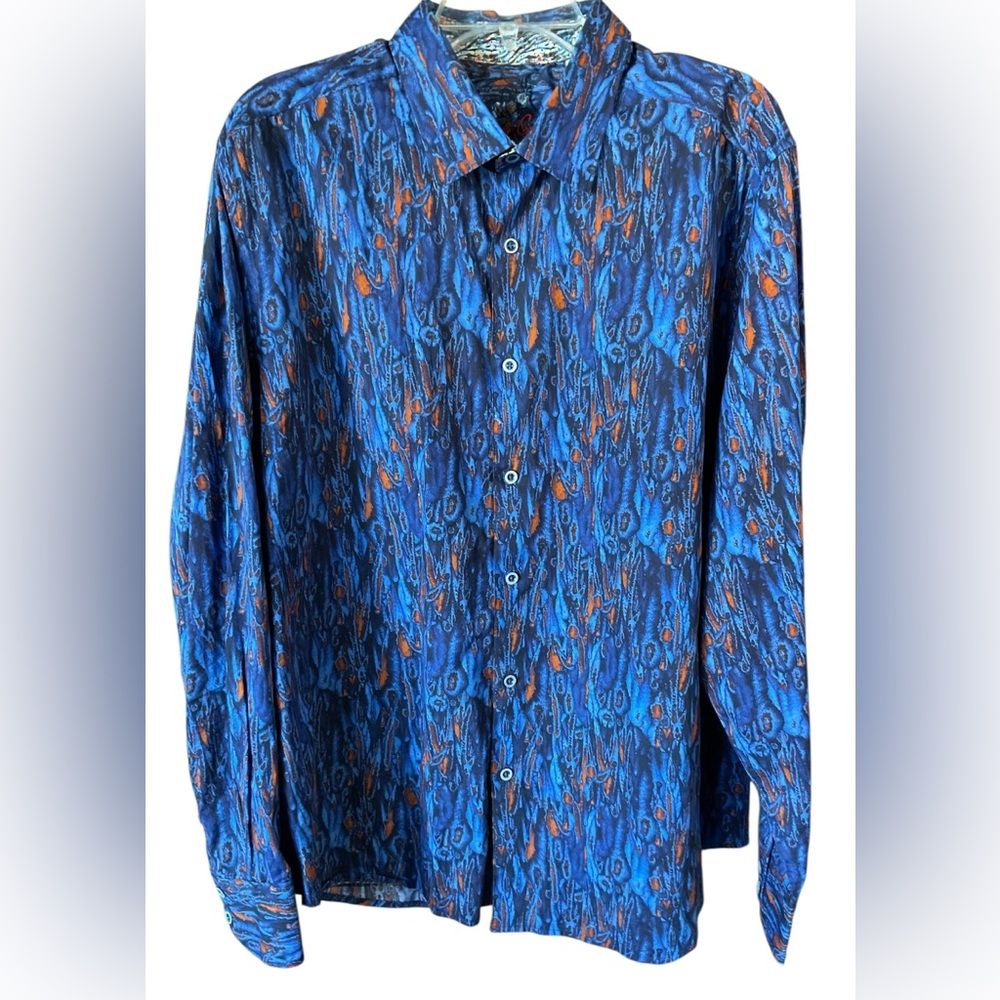 Robert Graham Tatum Mens Blue With Burnt Orange Print Size 2XL Long Sleeve Shirt